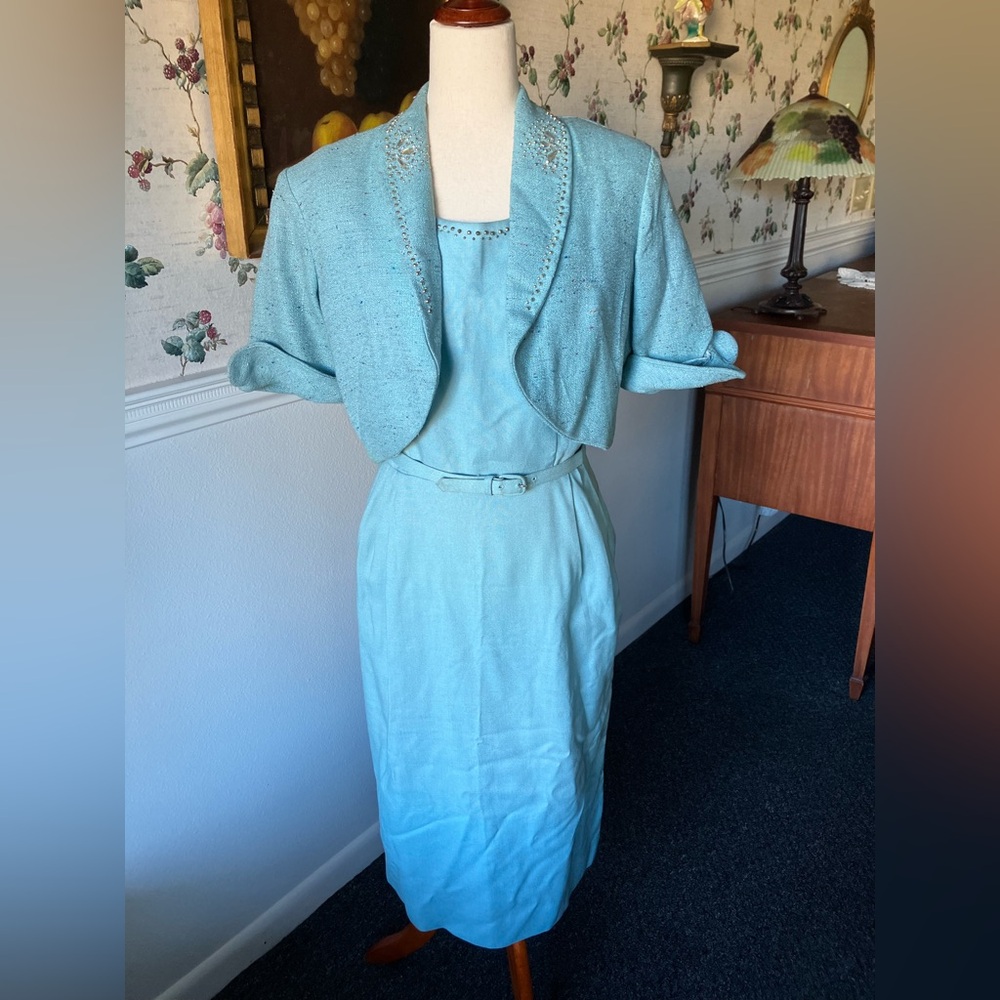 Vintage 1950s Baby Blue Embellished Jacket & Sheath Dress Suit Set